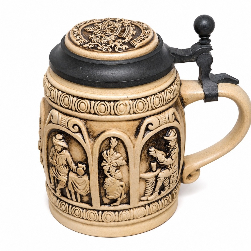 Vtg GERZ‎ W Germany Beer Stein 94% Zinn Pewter Lid Relief Tavern Scene Stoneware